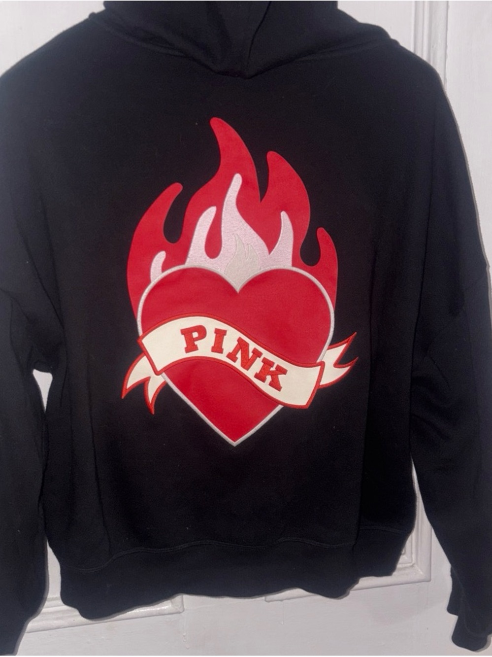 PINK Victoria's Secret Black Hoodie with Red Flaming Heart Graphic